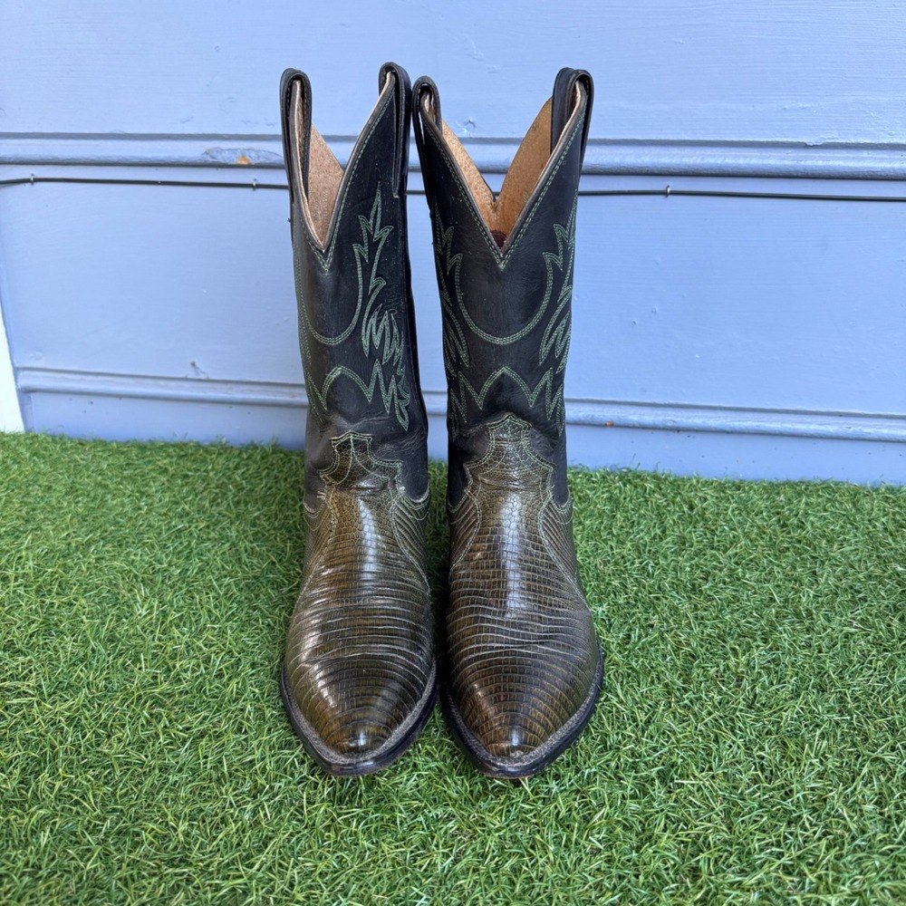 Vintage Justin Women Green Lizard Skin Western Cowboy Boots Size 5B Pointed Toe